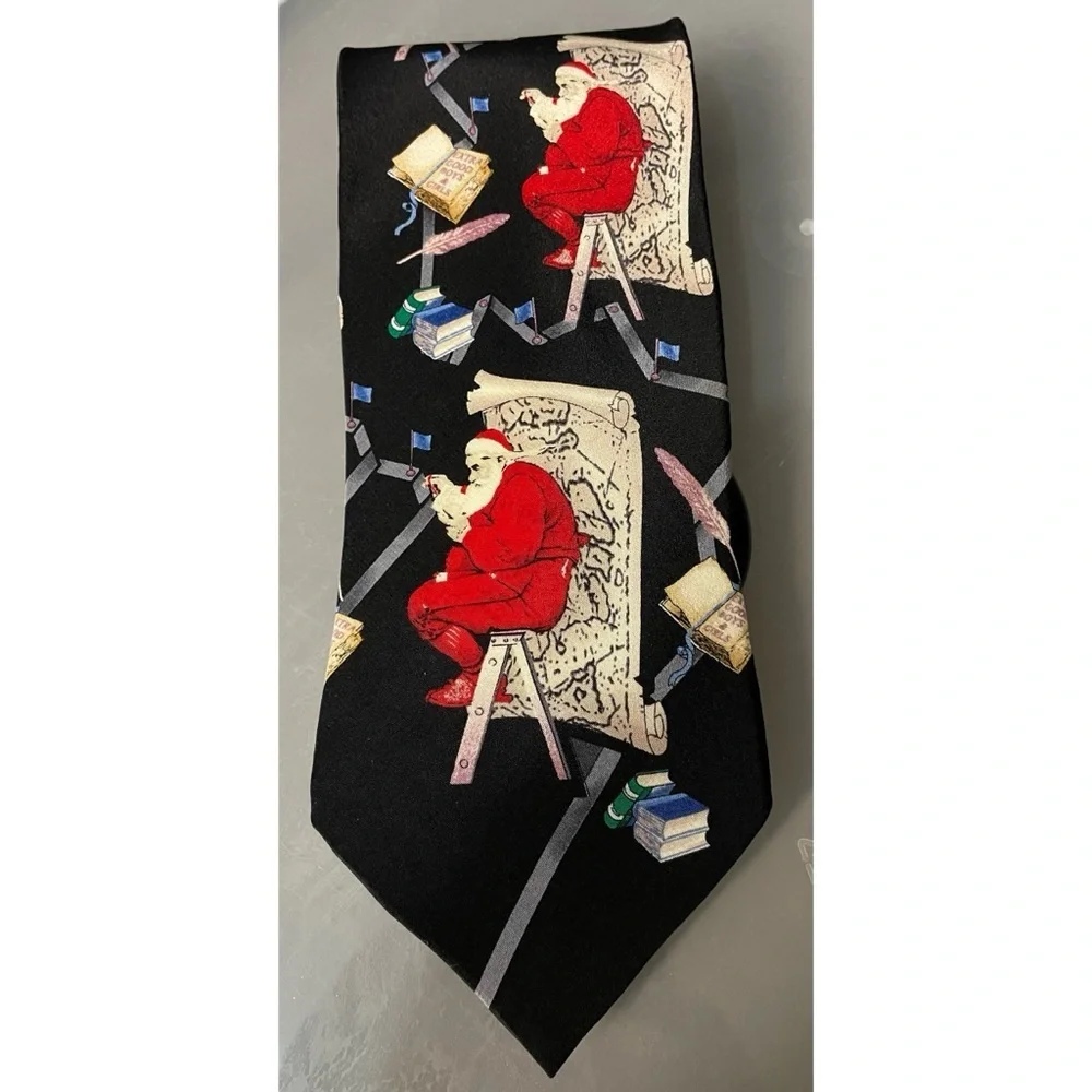 Saturday Evening Post Silk Tie Black Red Santa Making a List 3.75 in x 60 in - Picture 4 of 5